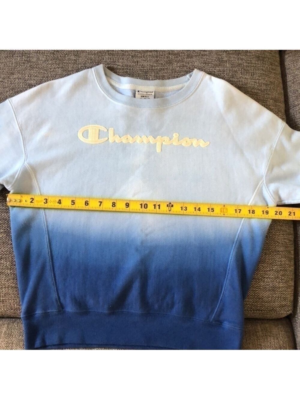 CHAMPION Reverse Weave Blue Dip Dye Script Ombre Crewneck Pullover Sweatshirt S - Picture 10 of 13